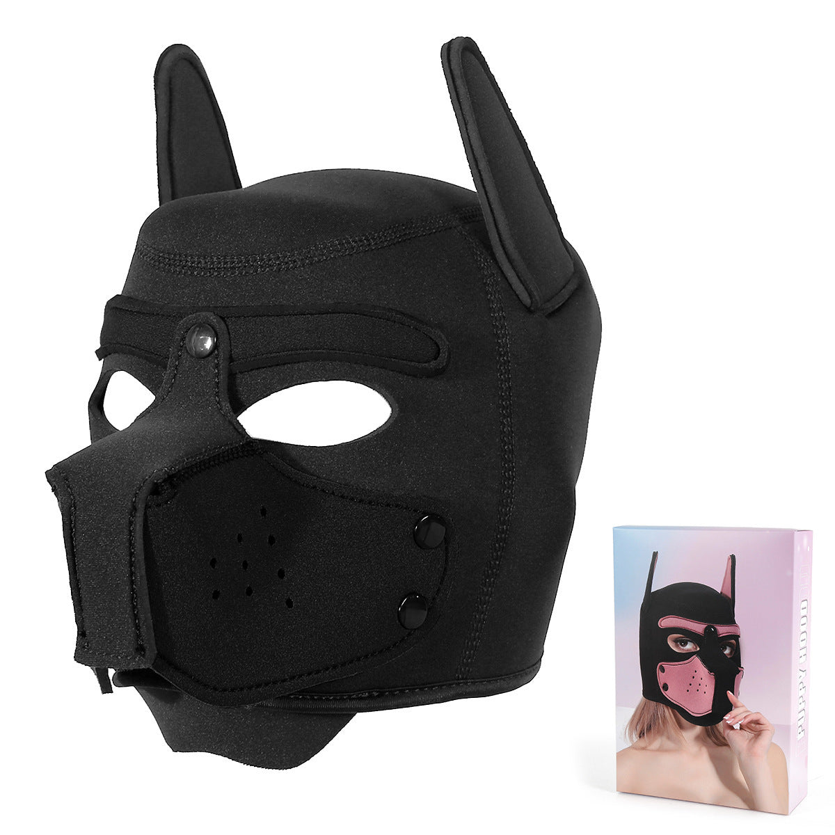 Playful Puppy Hood Mask - Soft Neoprene Full Head Cosplay & SM Accessory(black)