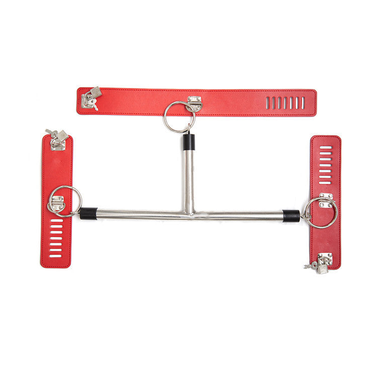 Adjustable PU Leather Collar & Locking Handcuff Spreader Bar Set - Adult Novelty Restraint(red)