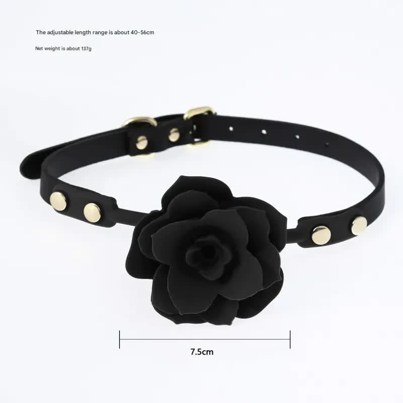 Silicone Rose Ball Gag with Adjustable PU Leather Strap - Playful Adult Novelty(black)