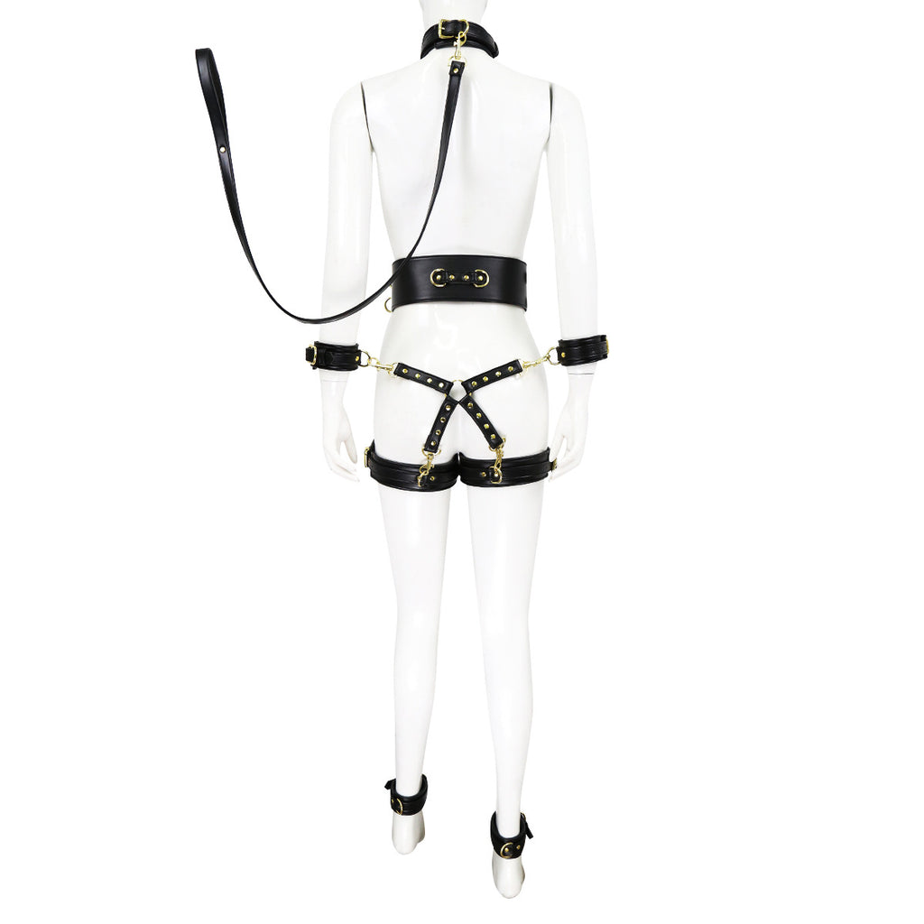 Full Body PU Leather Bondage Restraint Set with Collar, Leash, Cuffs & Harness - Adjustable Adult Play(Black)