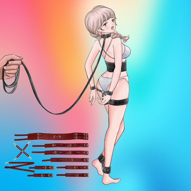 Full Body PU Leather Bondage Restraint Set with Collar, Leash, Cuffs & Harness - Adjustable Adult Play(Black)