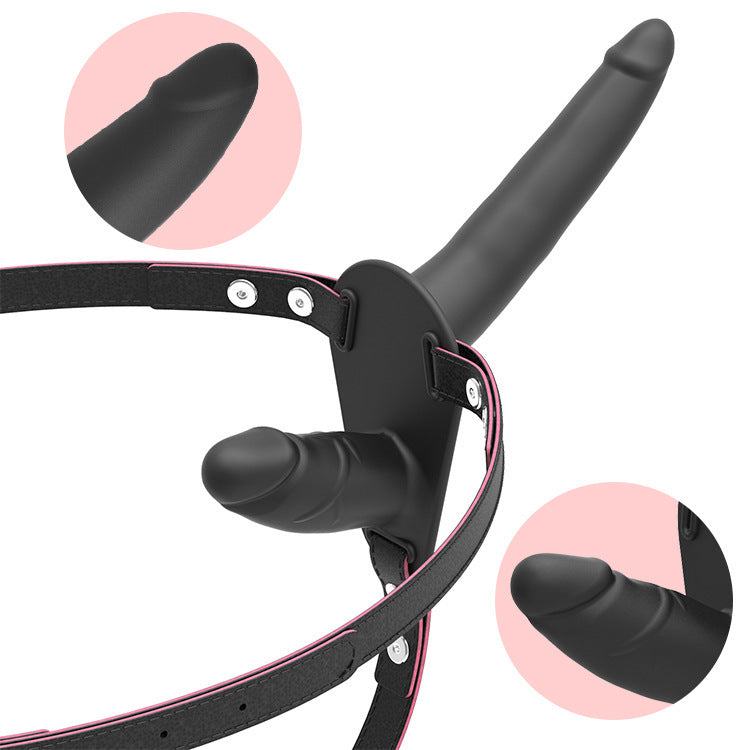 Black Versatile Unisex Dual-Ended Silicone Strap-On Dildo with Adjustable Leather Harness for Couples & Solo Play