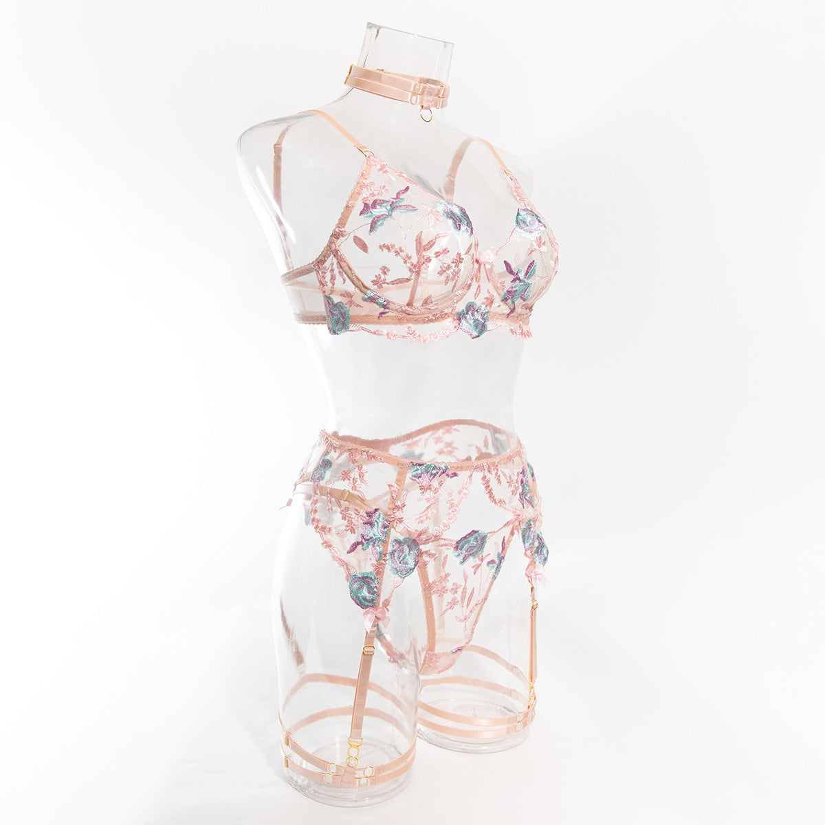 Size S Pink Elegant Floral Embroidered Sheer 5-Piece Lingerie Set - Bra, Thong, Garter Belt, Choker & Thigh Straps