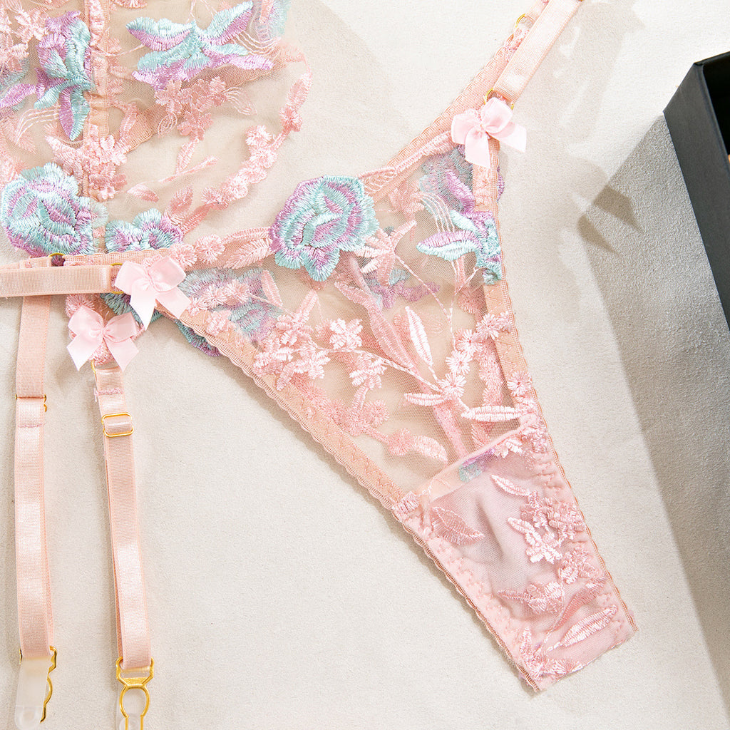 Size M Pink Elegant Floral Embroidered Sheer 5-Piece Lingerie Set - Bra, Thong, Garter Belt, Choker & Thigh Straps