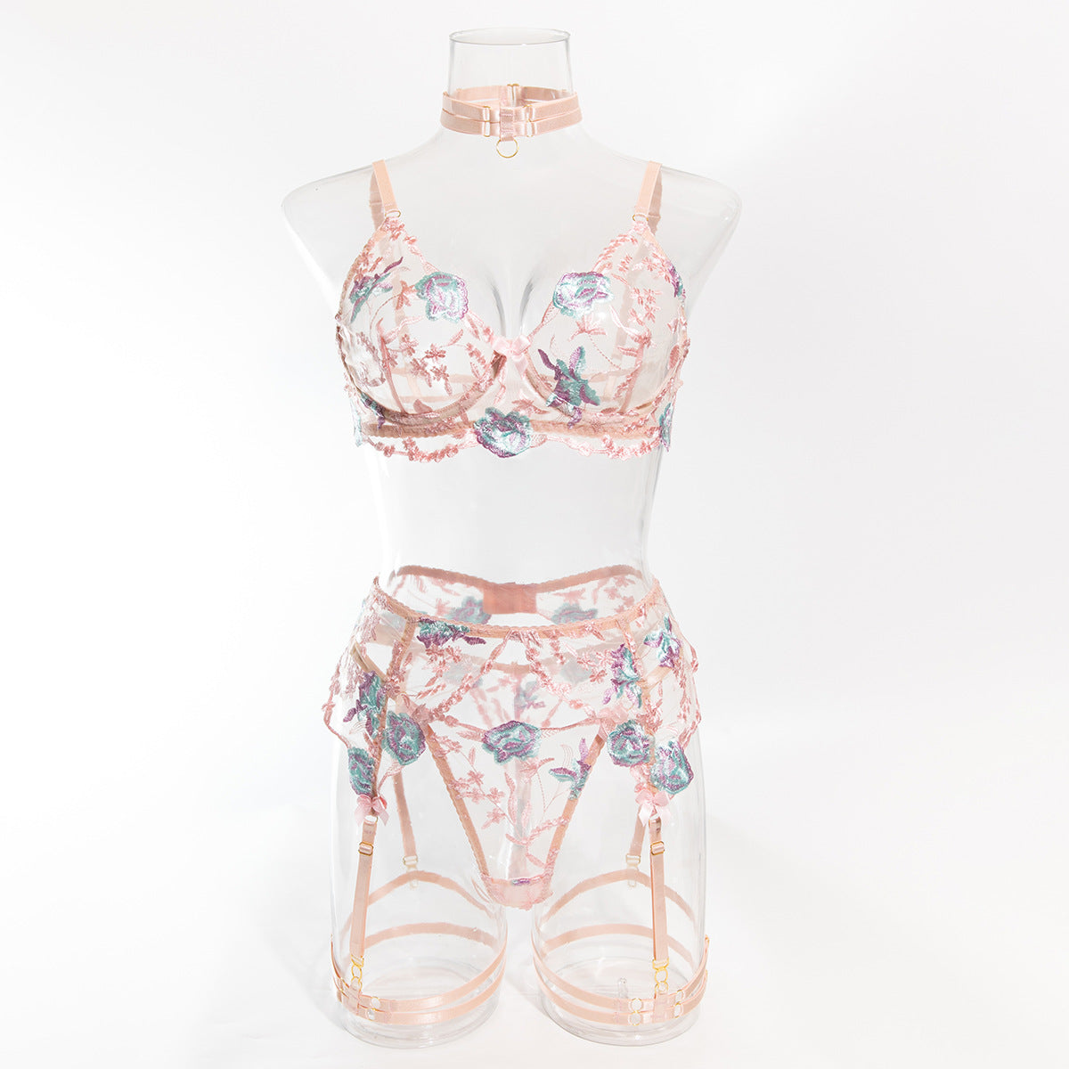 Size M Pink Elegant Floral Embroidered Sheer 5-Piece Lingerie Set - Bra, Thong, Garter Belt, Choker & Thigh Straps