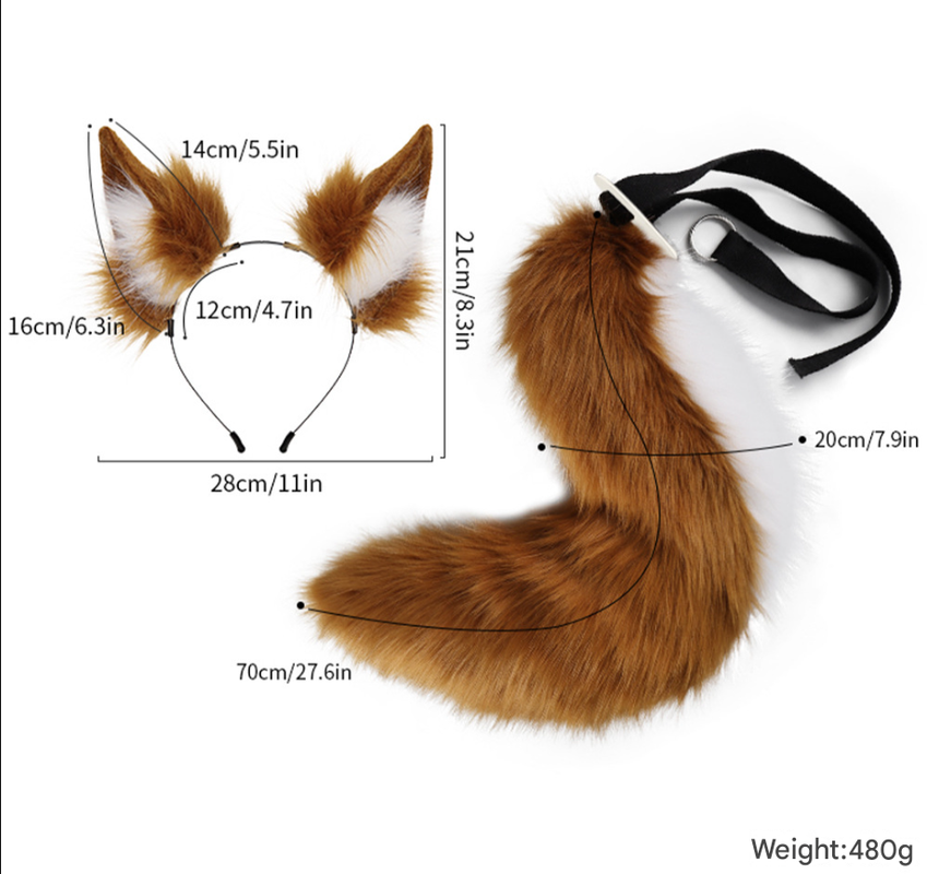 Brown Plush Faux Fur Fox Ears Headband and Tail Set - Realistic Animal Costume for Cosplay & Parties